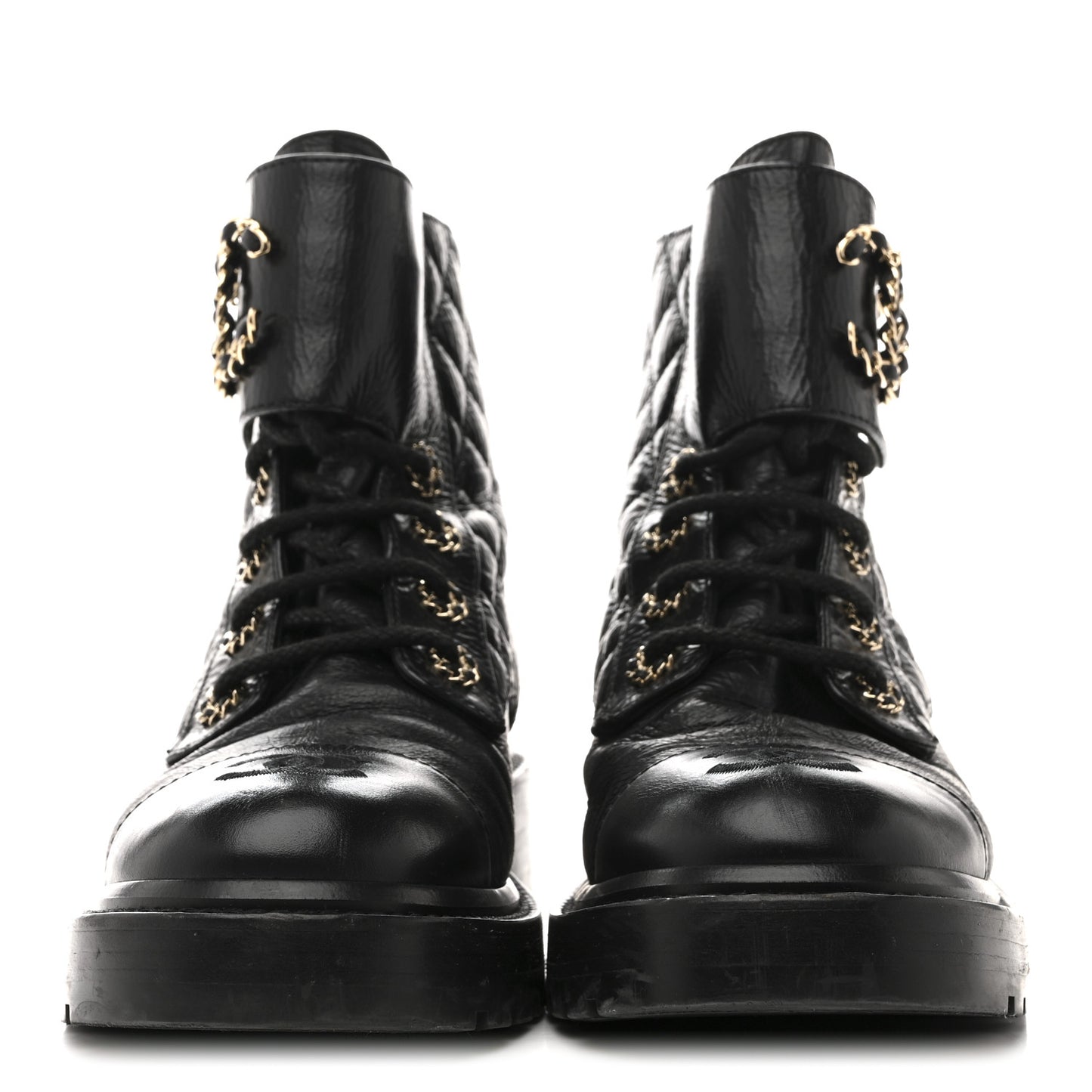 Shiny Goatskin Calfskin Quilted Lace Up Combat Boots 37 Black