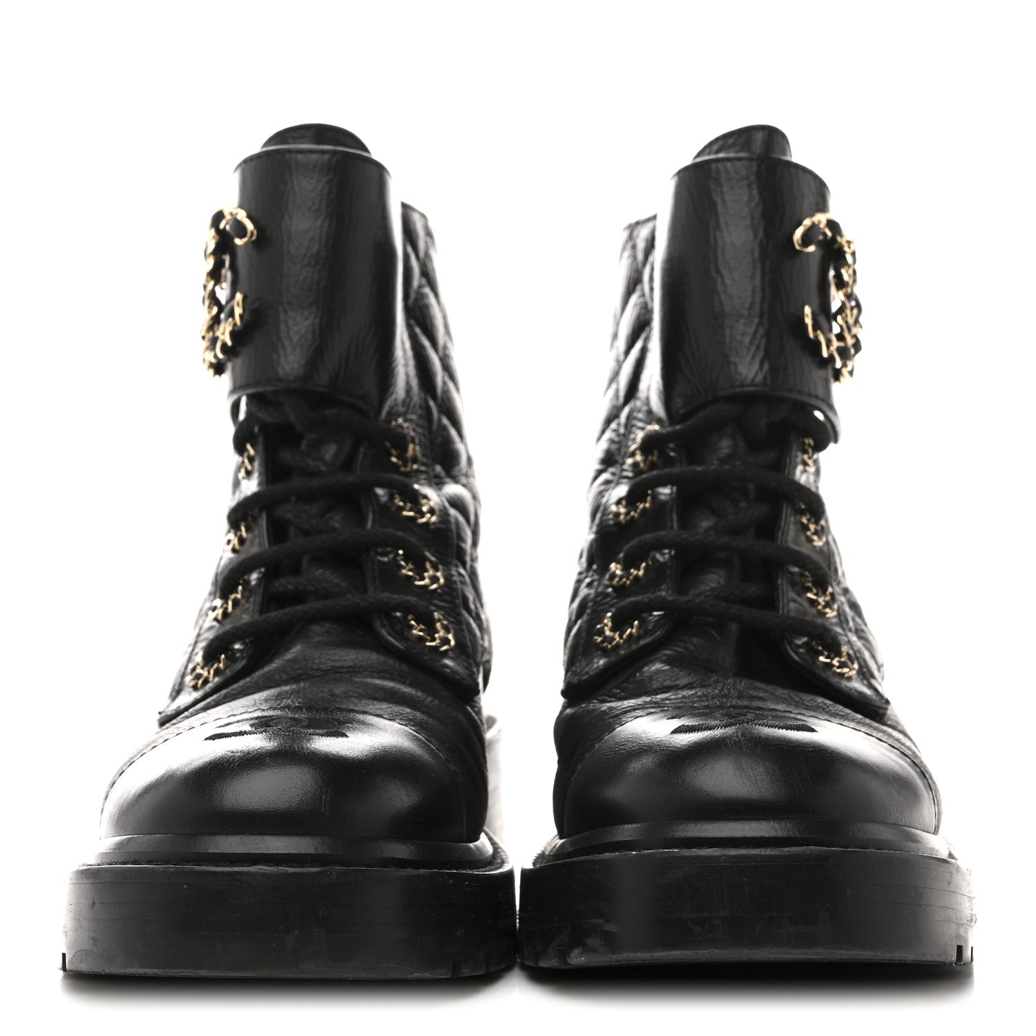 Chanel Shiny Goatskin Calfskin Quilted Lace Up Combat Boots 37 Black 3 of 10