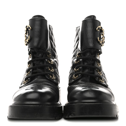 Chanel Shiny Goatskin Calfskin Quilted Lace Up Combat Boots 37 Black 3 of 10