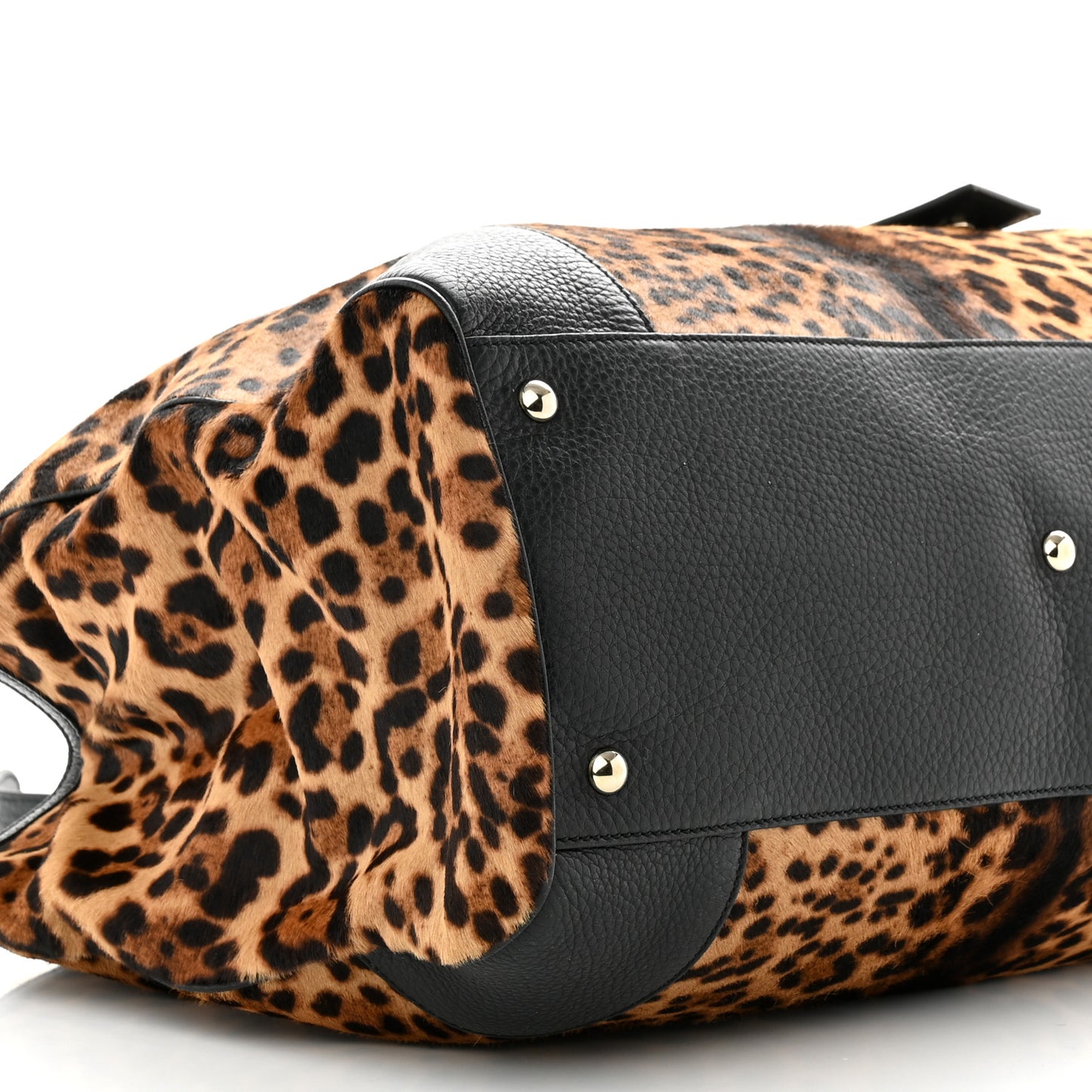 Calf Hair Leopard Print Large Bamboo Shopper Tote Black