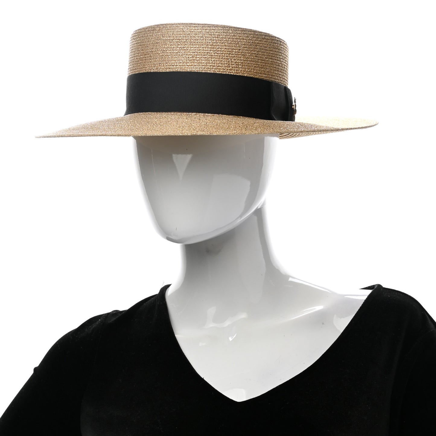 Glittered Straw Grosgrain Wide Brim Hat S Gold Black