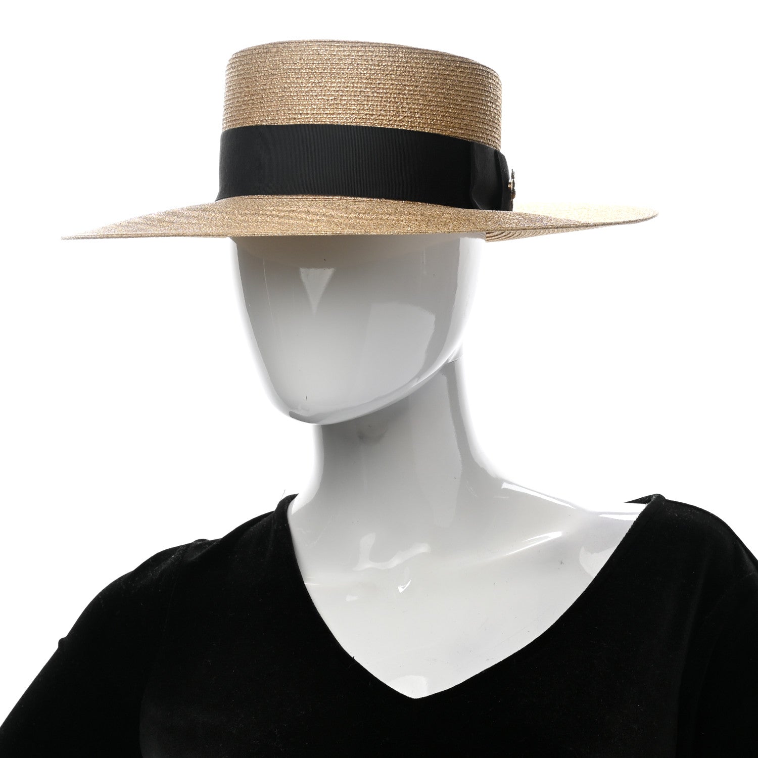 Gucci Glittered Straw Grosgrain Wide Brim Hat S Gold Black 2 of 9