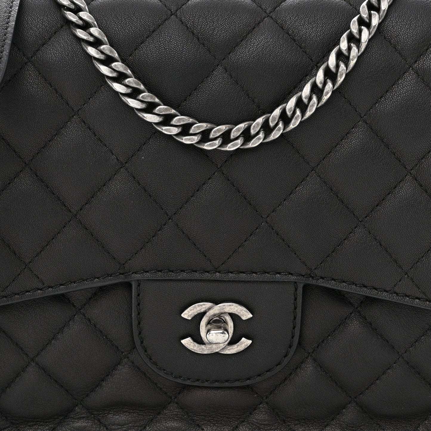 Lambskin Quilted Large Natural CC Flap Black