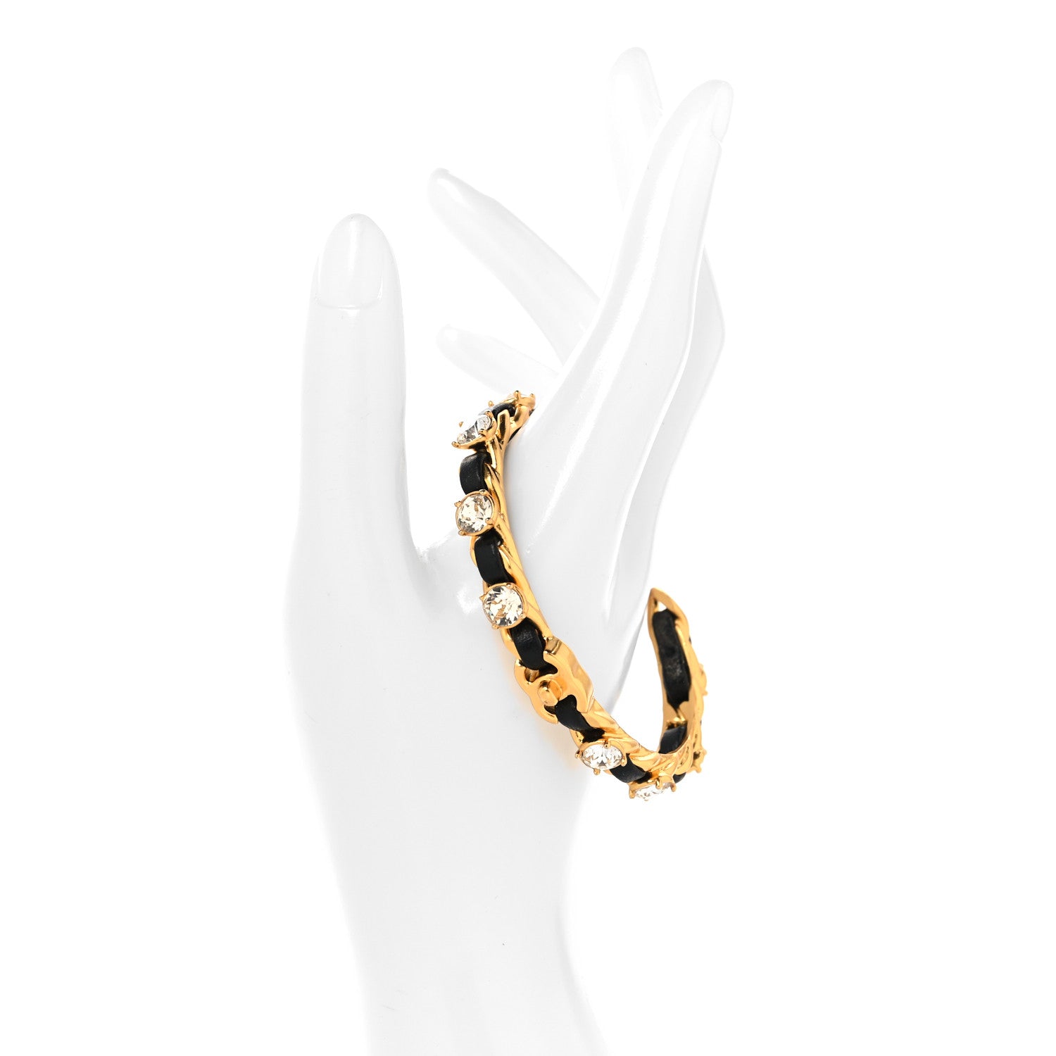 Chanel Lambskin Crystal CC Cuff Bracelet M Black Gold 3 of 8