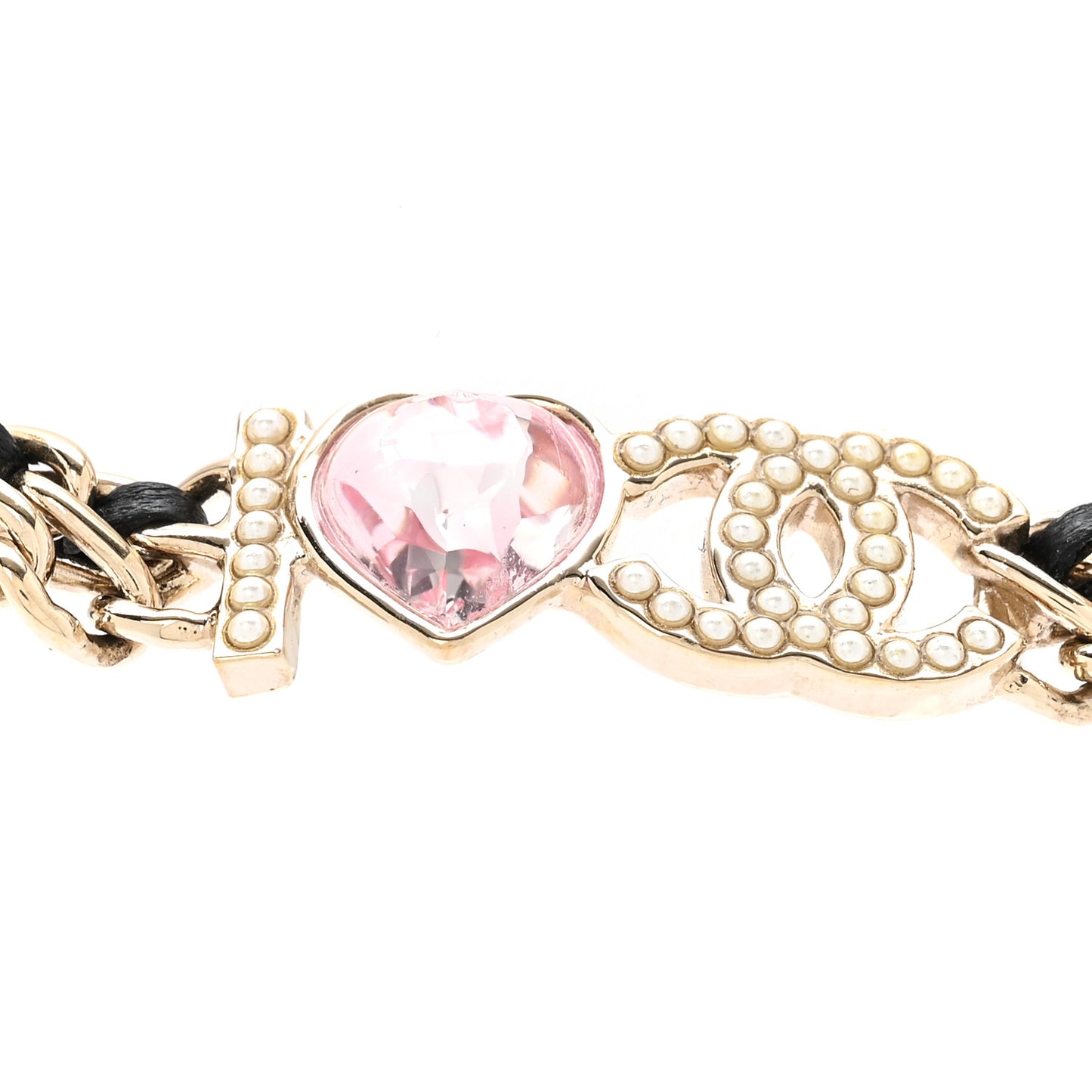 Metal Lambskin Crystal I Heart CC Choker Necklace Gold Black