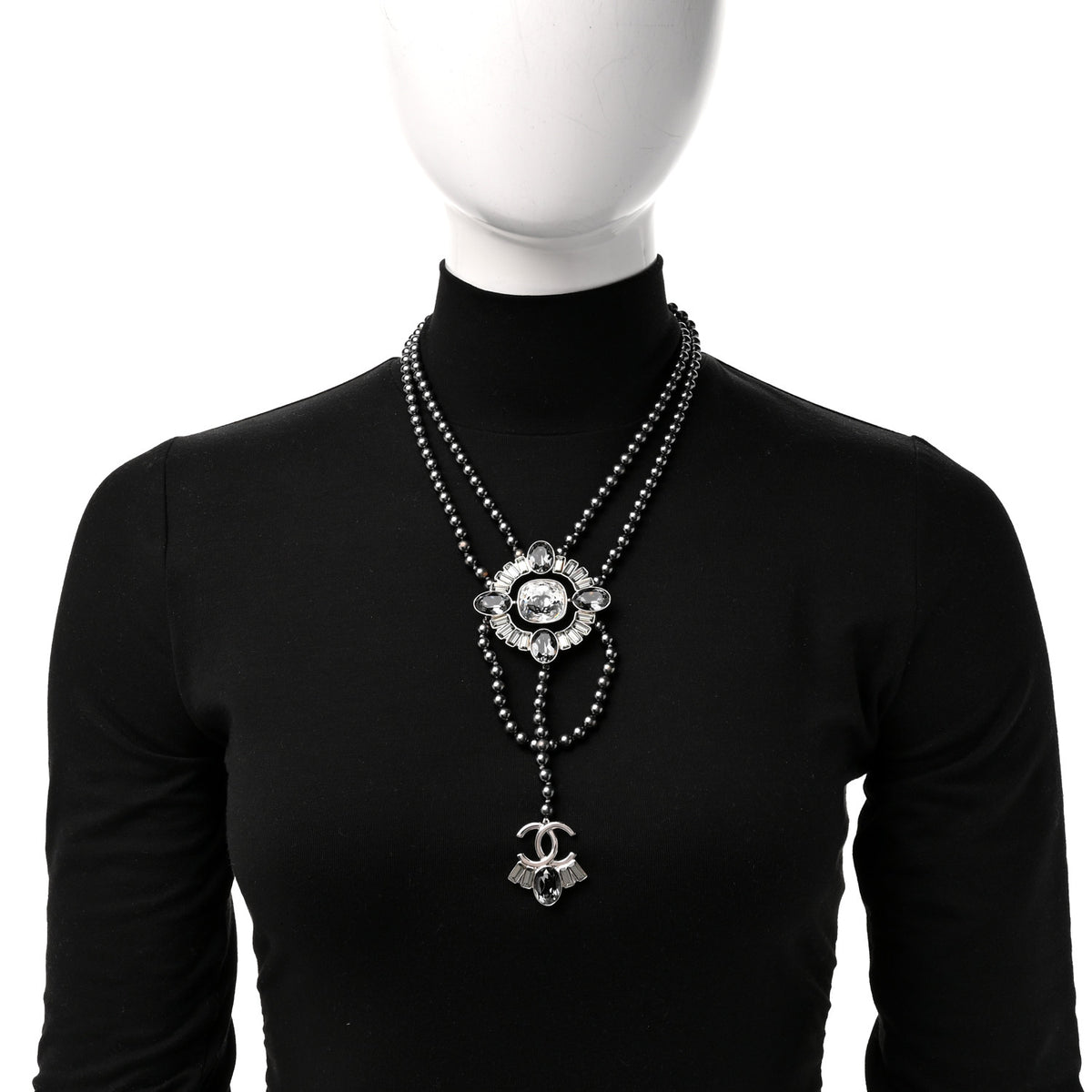 Chanel Baguette Crystal Resin Pearl CC Multi Strand Necklace Dark Grey 2 of 5
