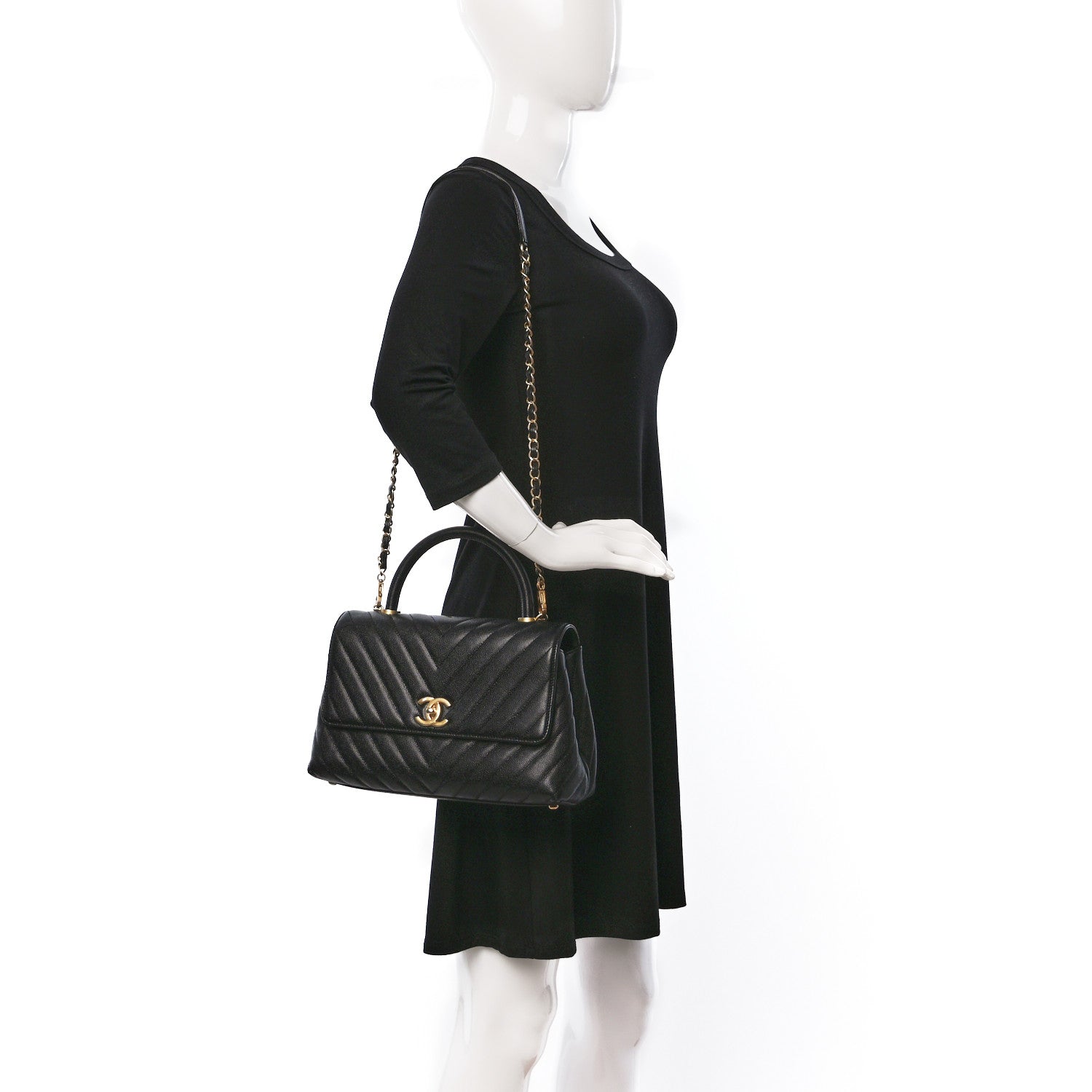 Chanel Caviar Chevron Quilted Small Coco Handle Flap Black 3 of 9