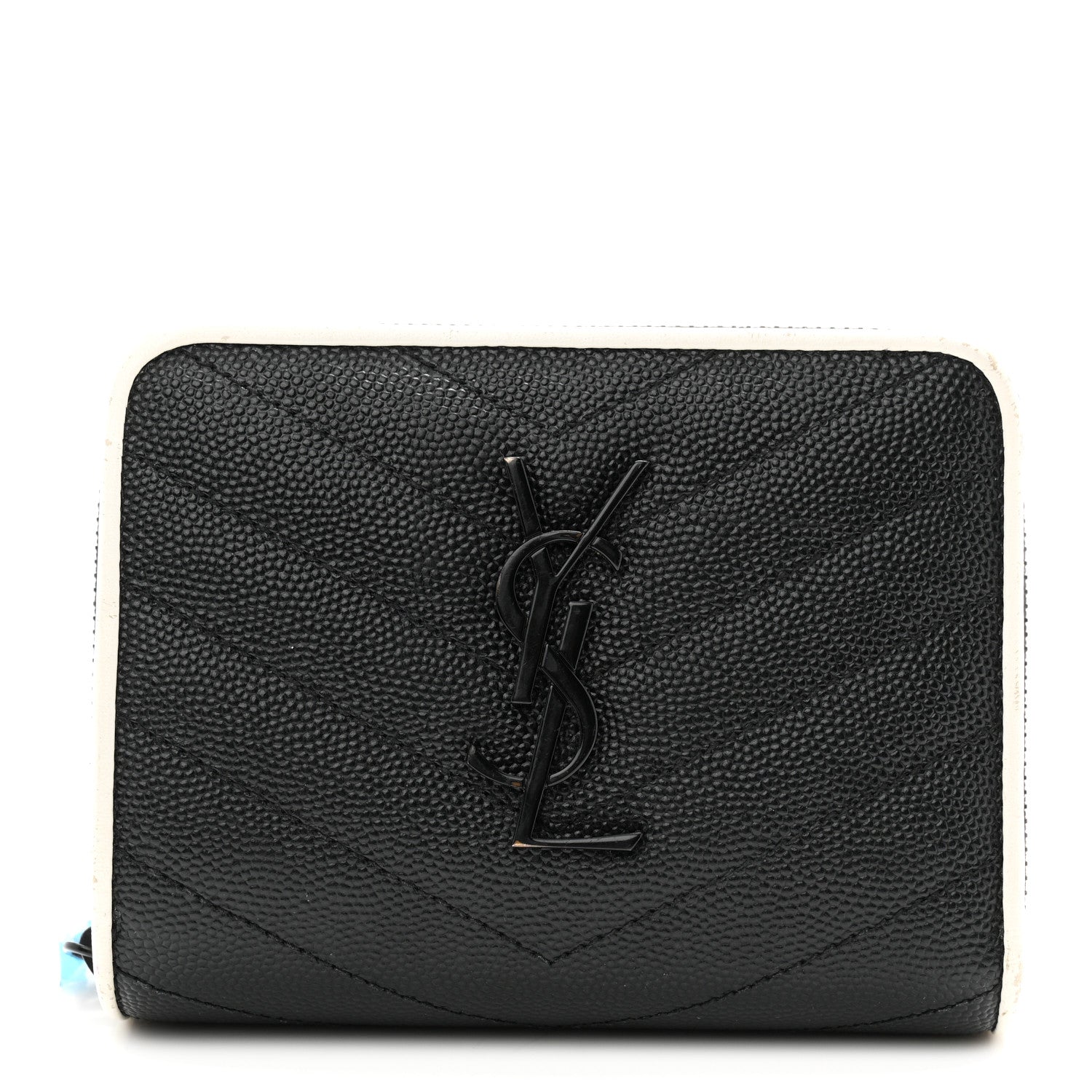 Saint Laurent Grain De Poudre Matelasse Chevron Monogram Compact Zip Around Wallet Black White 1 of 7