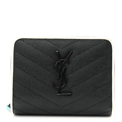 Saint Laurent Grain De Poudre Matelasse Chevron Monogram Compact Zip Around Wallet Black White 1 of 7