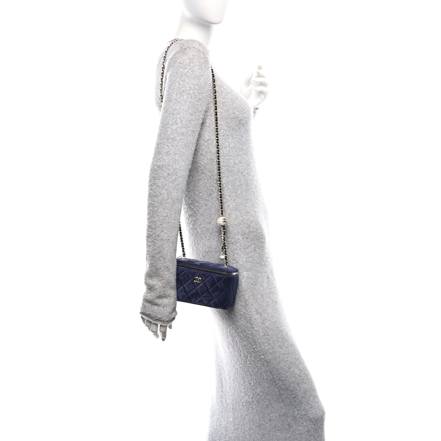 Velvet Quilted Small Pearl Crush Vanity Case Navy