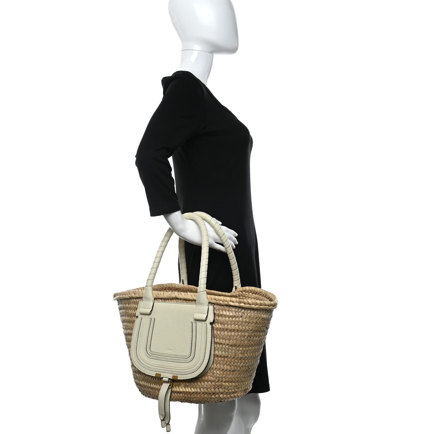 Raffia Small Grain Calfskin Medium Marcie Basket White