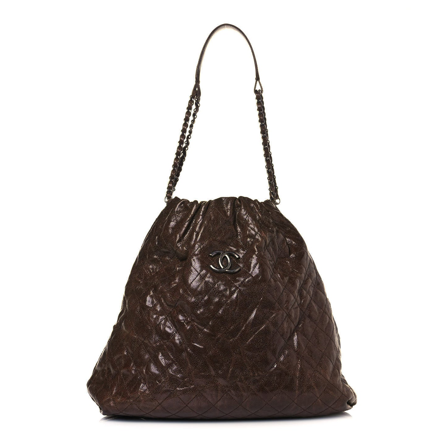 Distressed Glazed Caviar Quilted Large Elastic Tote Brown