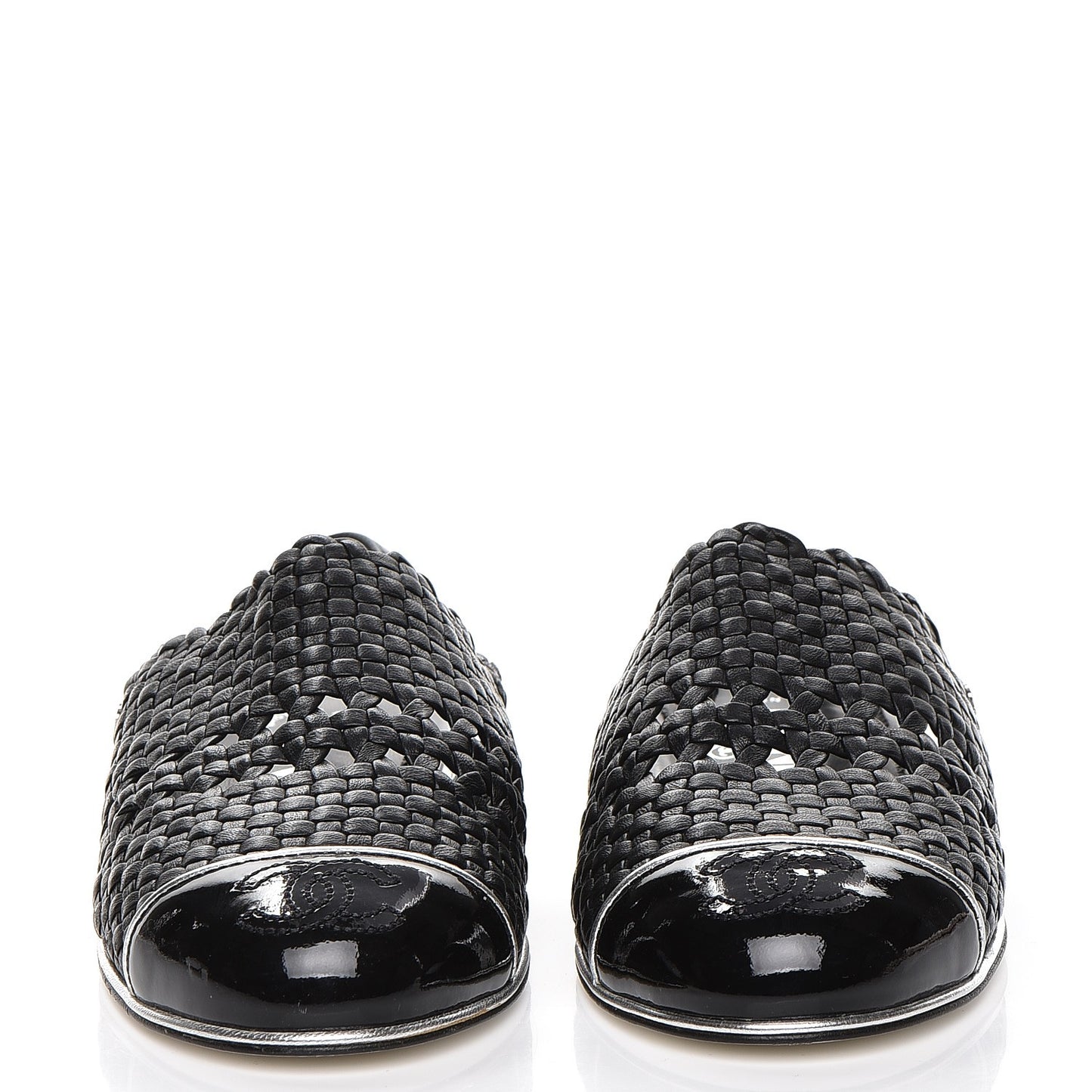Braided Lambskin Patent Cap Toe CC Slingback Sandals 36.5 Black