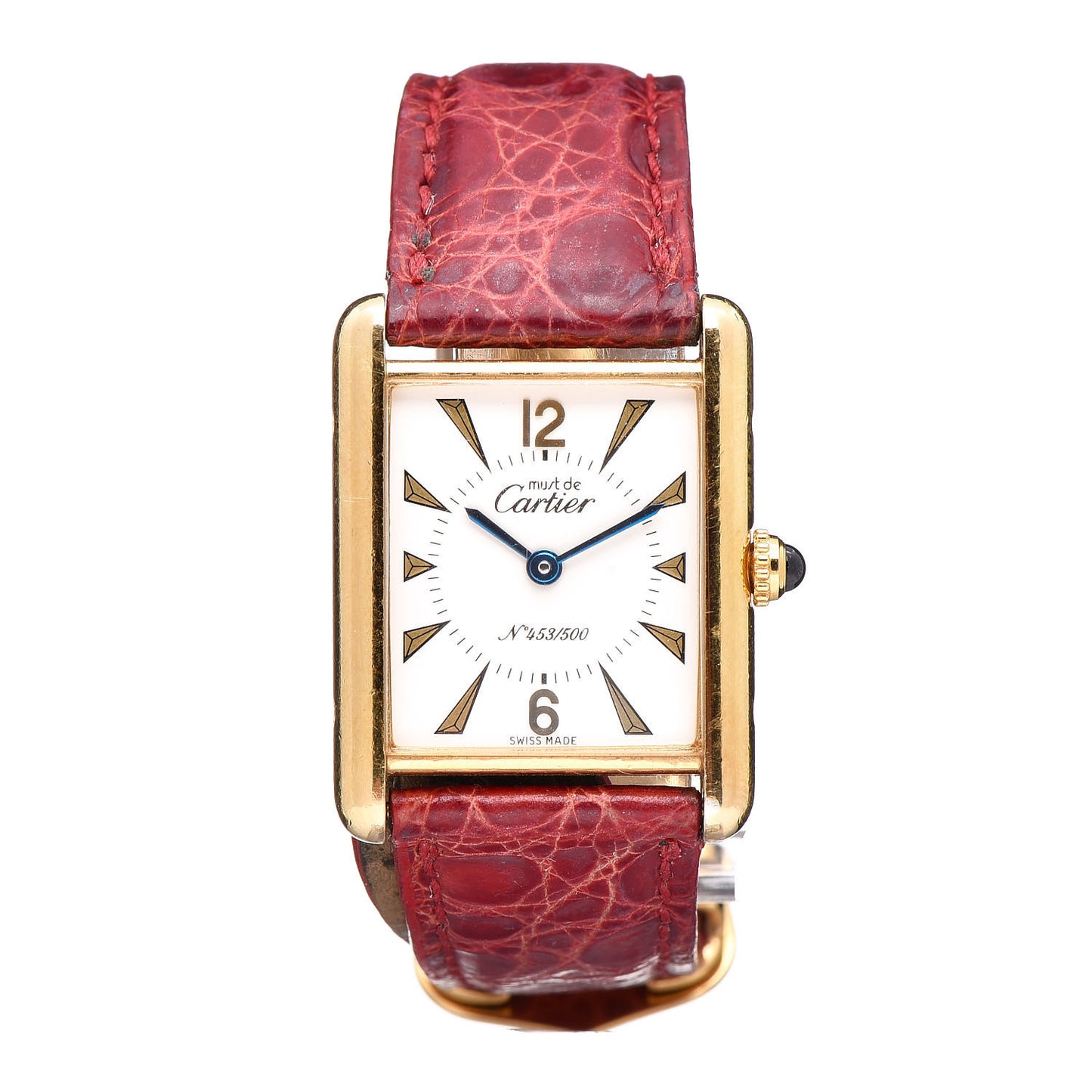 Sterling Silver Vermeil Alligator 23mm Must de Cartier Tank Quartz Watch Red