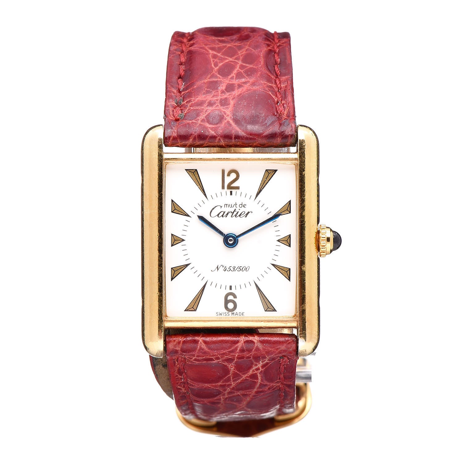 Cartier Sterling Silver Vermeil Alligator 23mm Must de Cartier Tank Quartz Watch Red 1 of 8
