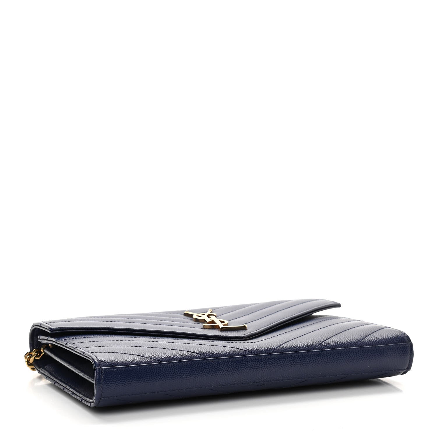 Saint Laurent Grain De Poudre Matelasse Chevron Monogram Chain Wallet Navy 3 of 11
