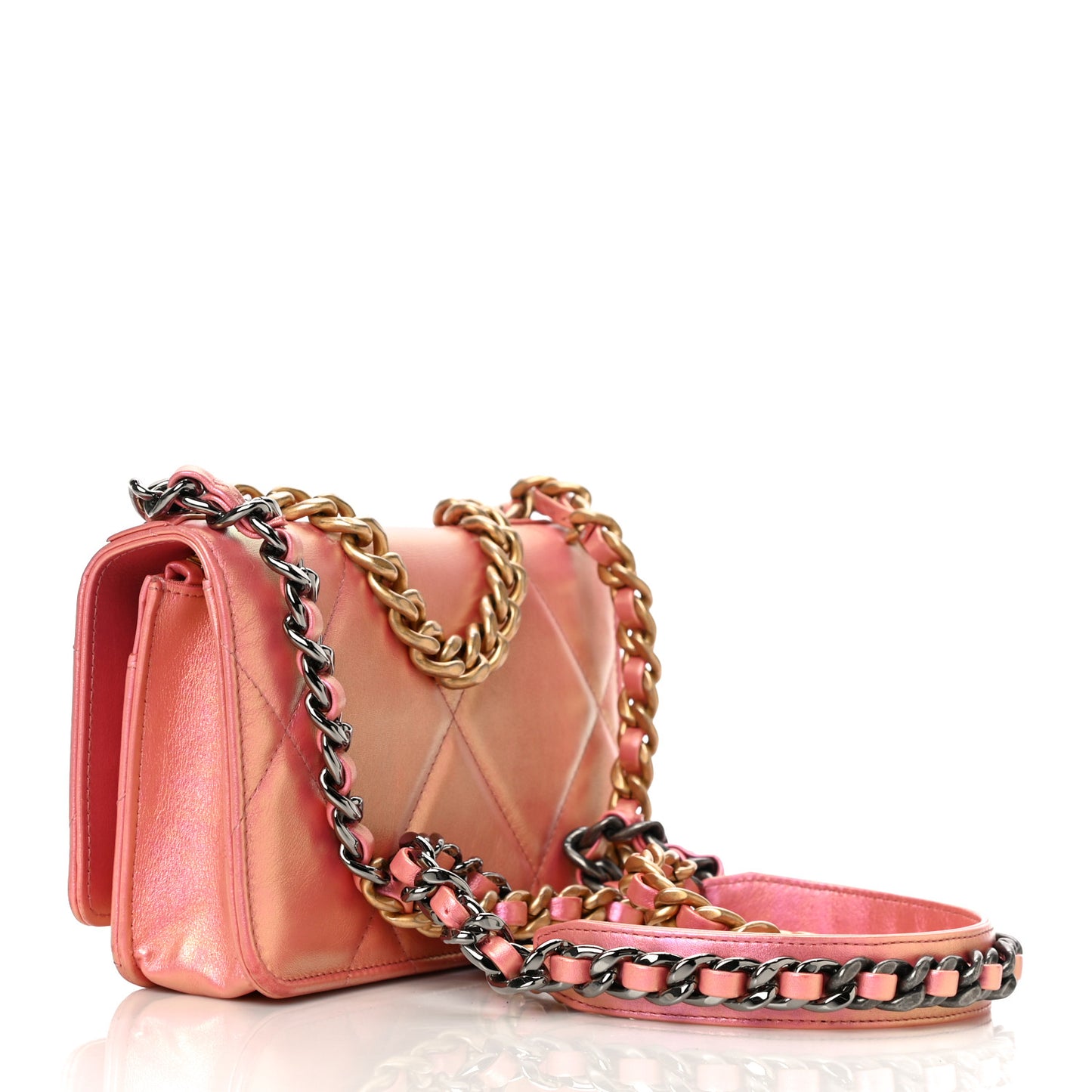 Iridescent Calfskin Quilted Chanel 19 Wallet On Chain WOC Pink