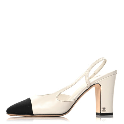 Chanel Lambskin Grosgrain Cap Toe CC Slingback Pumps 39.5 White Black 1 of 11