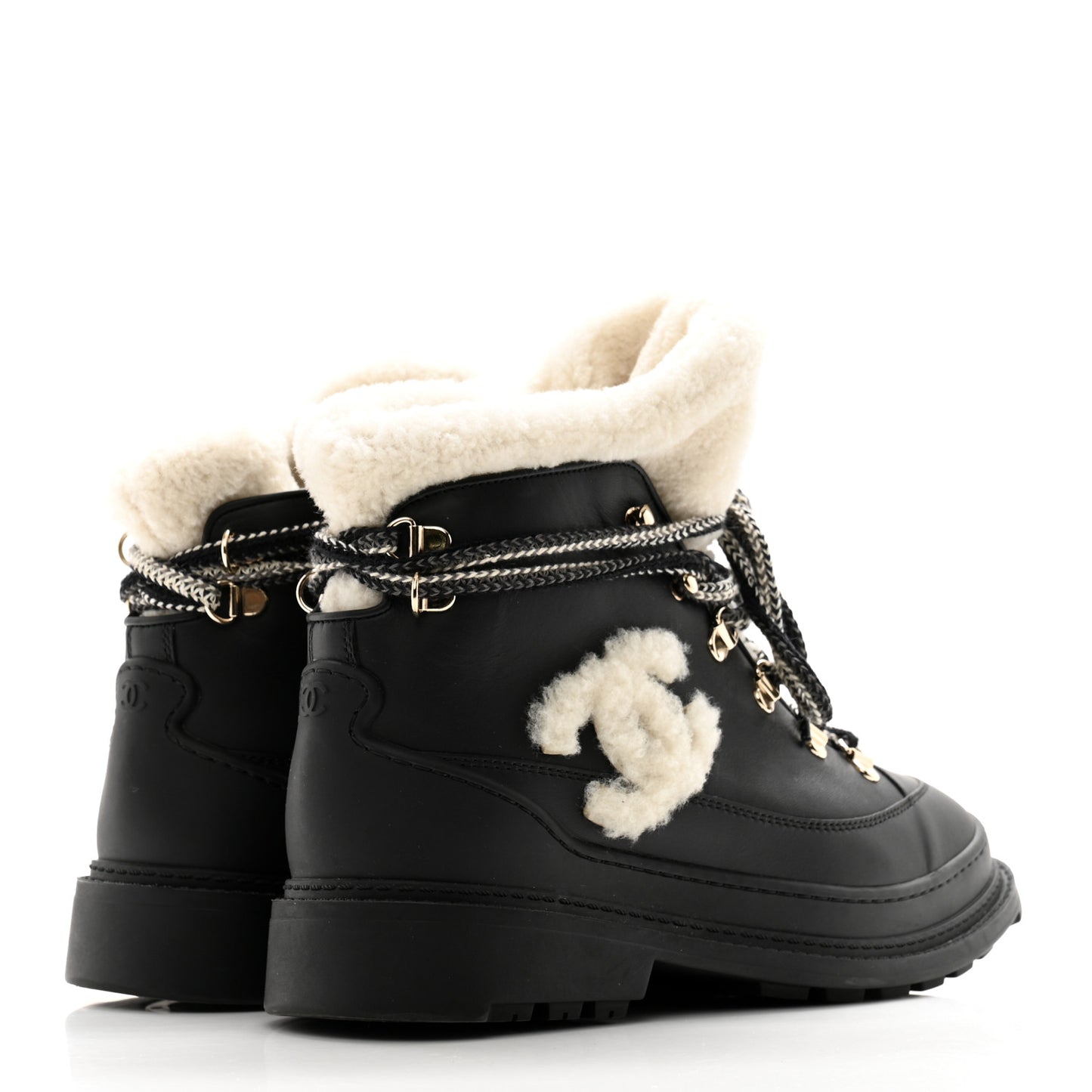 Calfskin Shearling CC Lace Up Boots 36.5 Black
