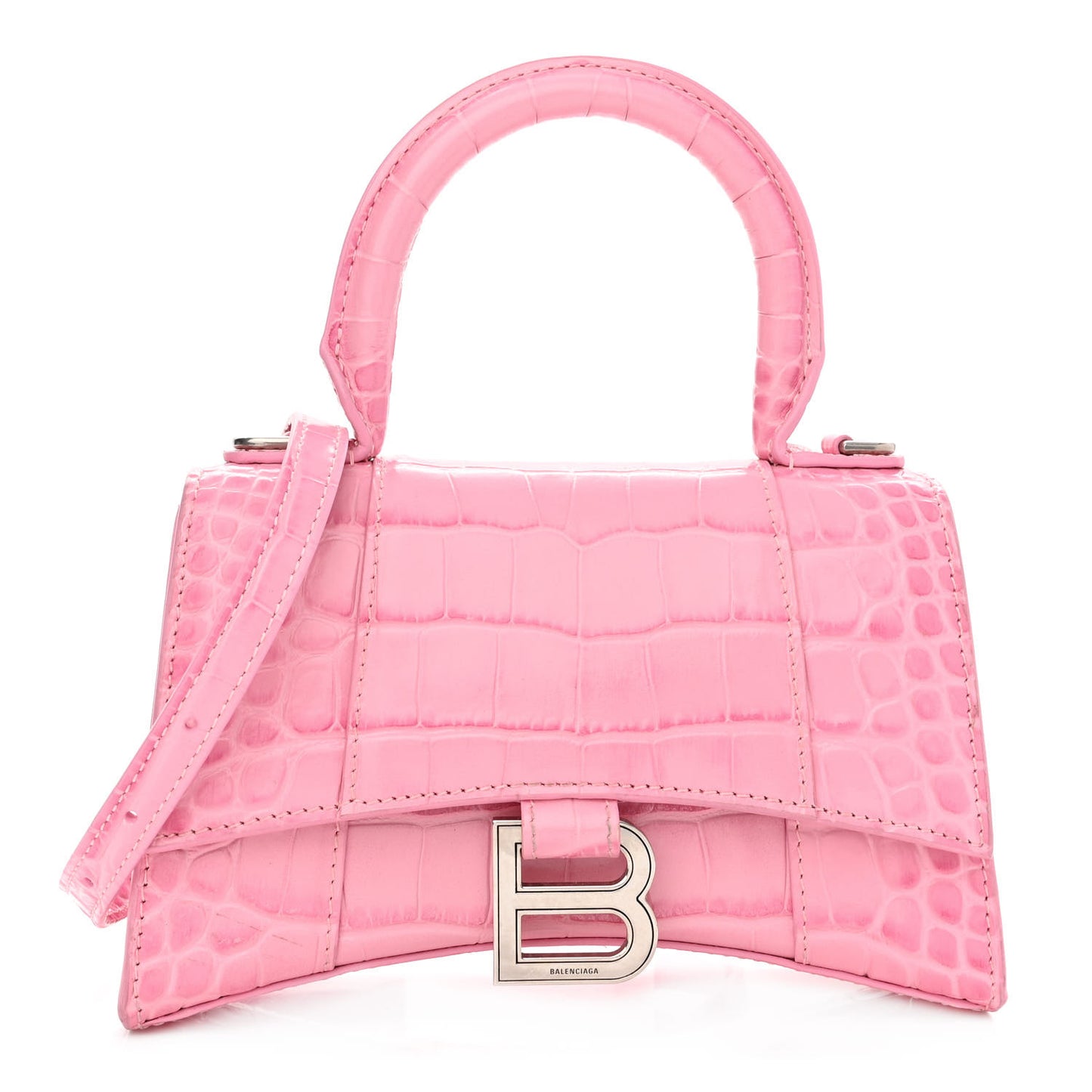 Shiny Calfskin Crocodile Embossed Hourglass Top Handle Bag XS Pink