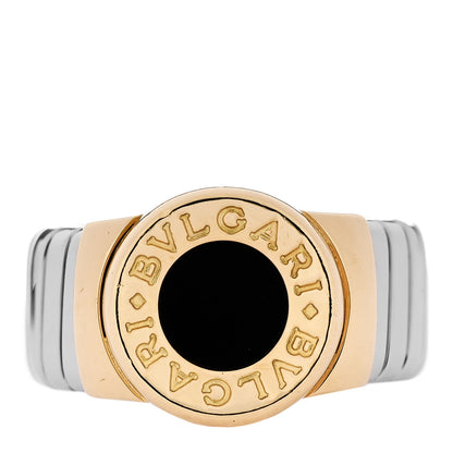 Bulgari Stainless Steel 18K Yellow Gold Onyx Tubogas Ring 53 6.25 1 of 4