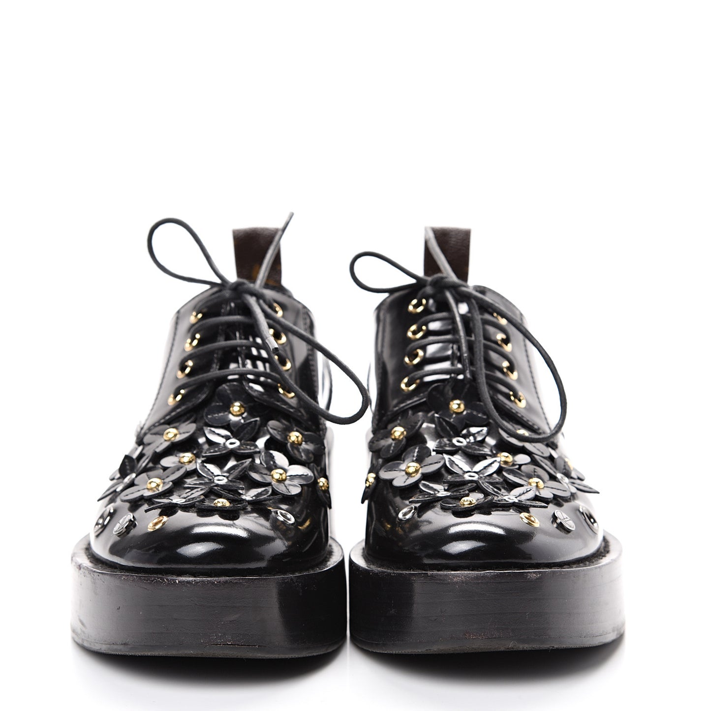 Patent Calfskin Blooms Flat Derby Platform Shoes 37 Black
