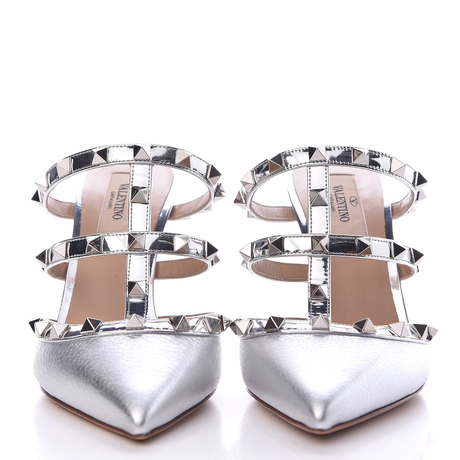 Valentino Garavani Metallic Pebbled Calfskin Rockstud 90mm Cage Mules 37 Silver 2 of 9