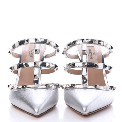 Valentino Garavani Metallic Pebbled Calfskin Rockstud 90mm Cage Mules 37 Silver 2 of 9