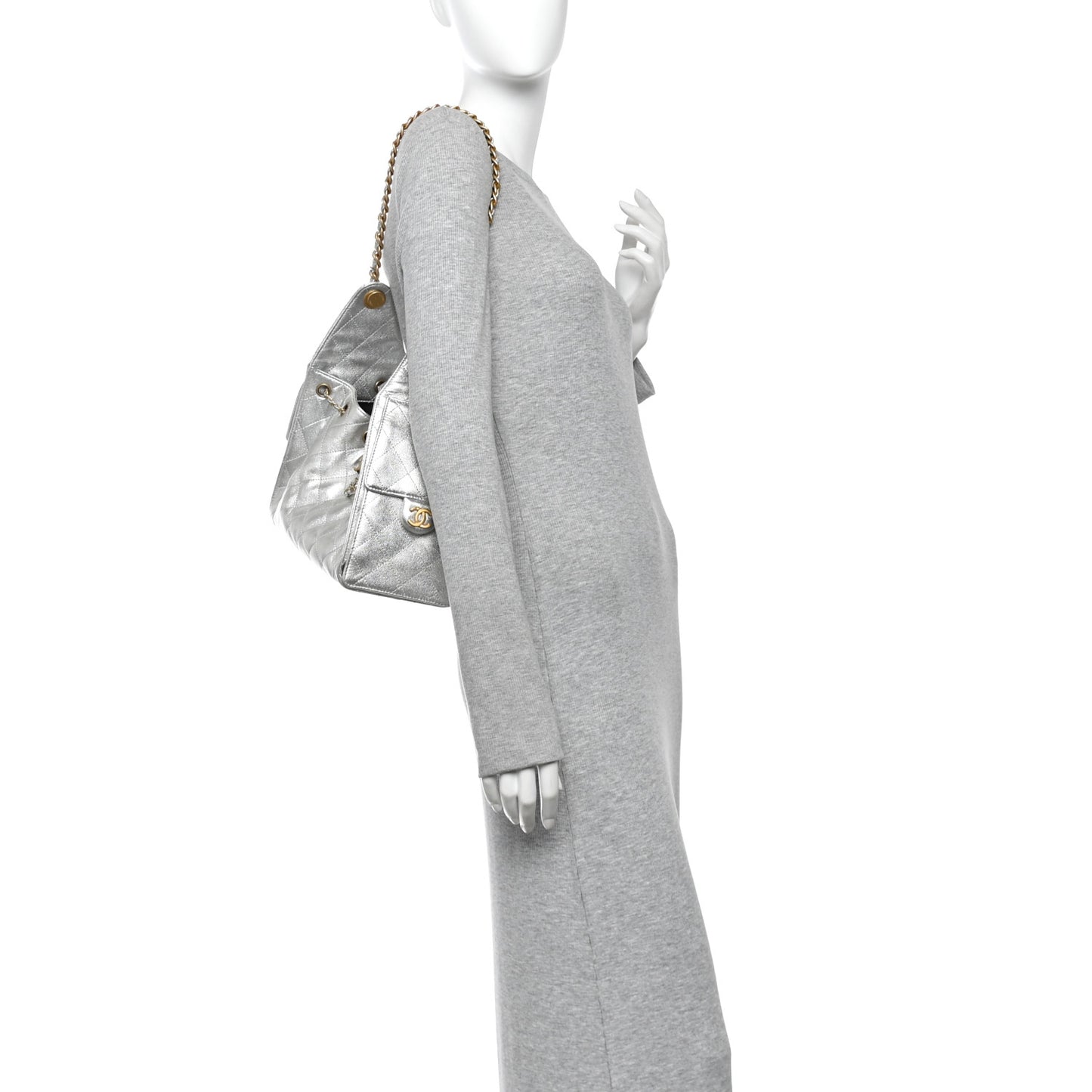 Metallic Caviar Quilted Small Chanel 25 Handbag Silver
