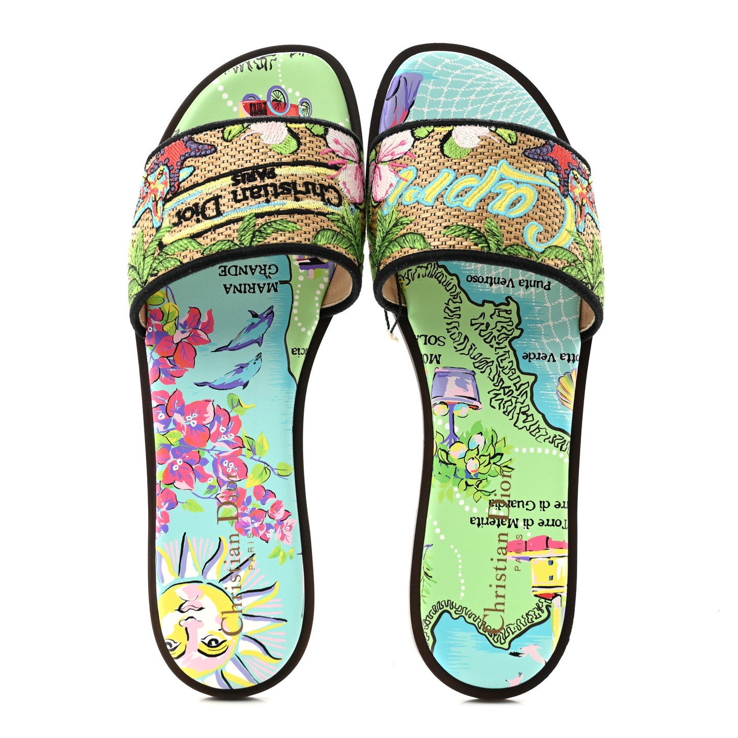 Raffia Cotton Embroidered Souvenir Capri Dway Mules Slide Sandals 39.5 Capri