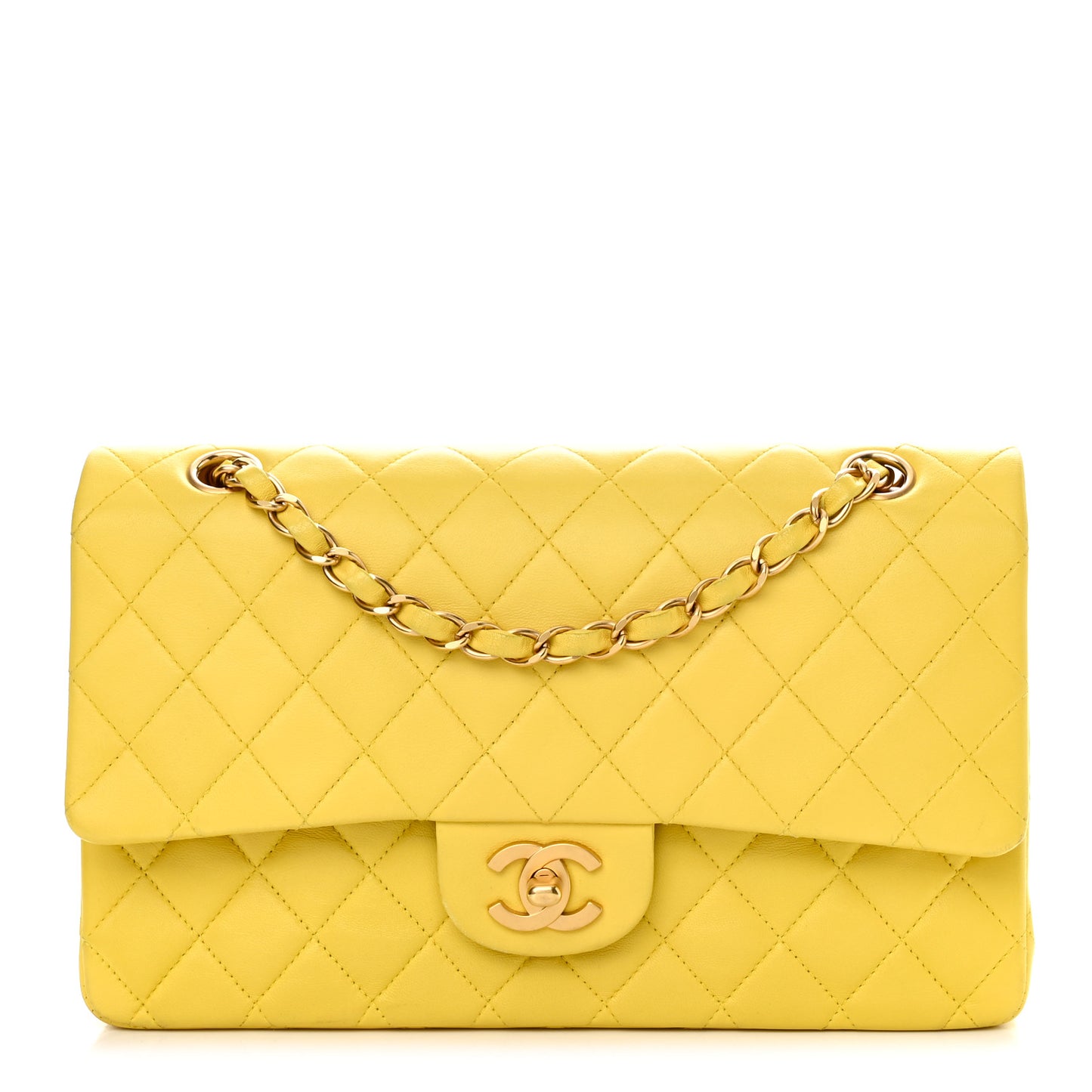 Lambskin Quilted Medium Double Flap Yellow Pink