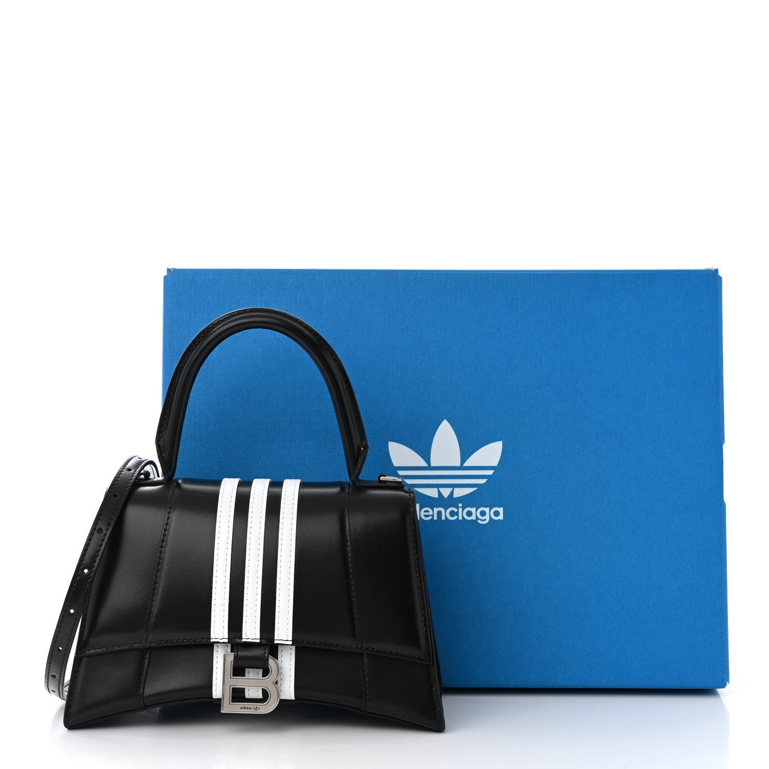 Balenciaga X ADIDAS Shiny Box Calfskin Small Hourglass Top Handle Bag Black White 11 of 11