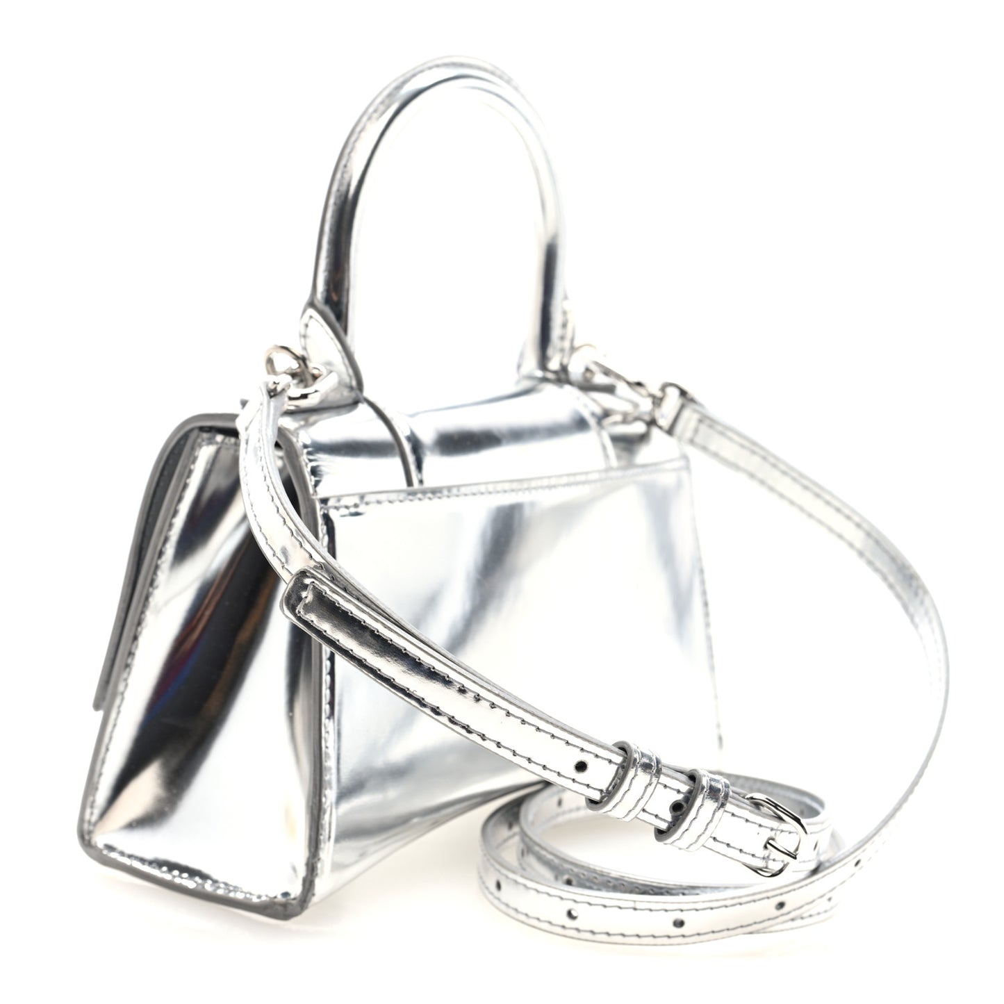 Metallic Calfskin Hourglass Top Handle Bag XS Silver