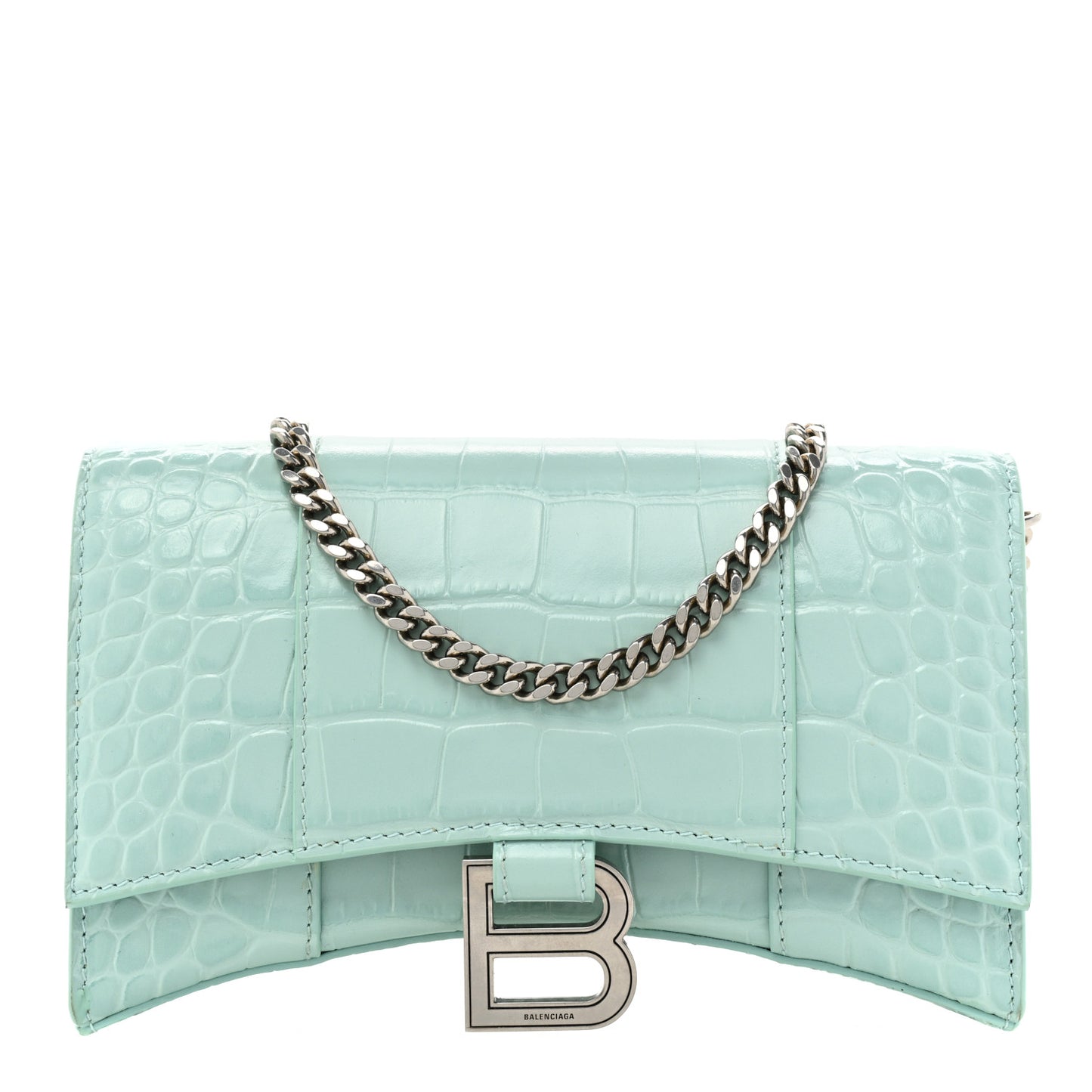 Shiny Calfskin Crocodile Embossed Hourglass Chain Bag Green Acqua