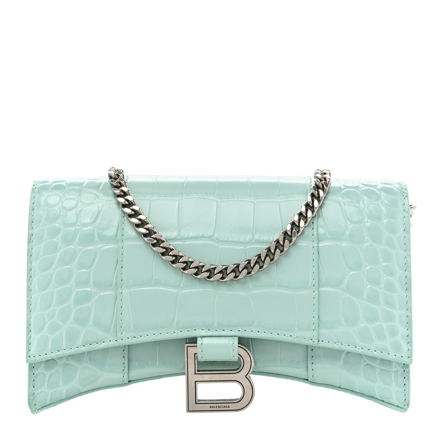 Balenciaga Shiny Calfskin Crocodile Embossed Hourglass Chain Bag Green Acqua 1 of 13
