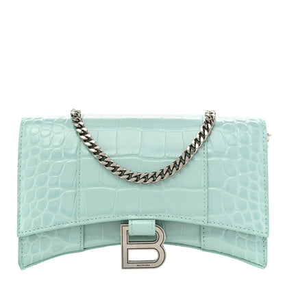 Balenciaga Shiny Calfskin Crocodile Embossed Hourglass Chain Bag Green Acqua 1 of 13