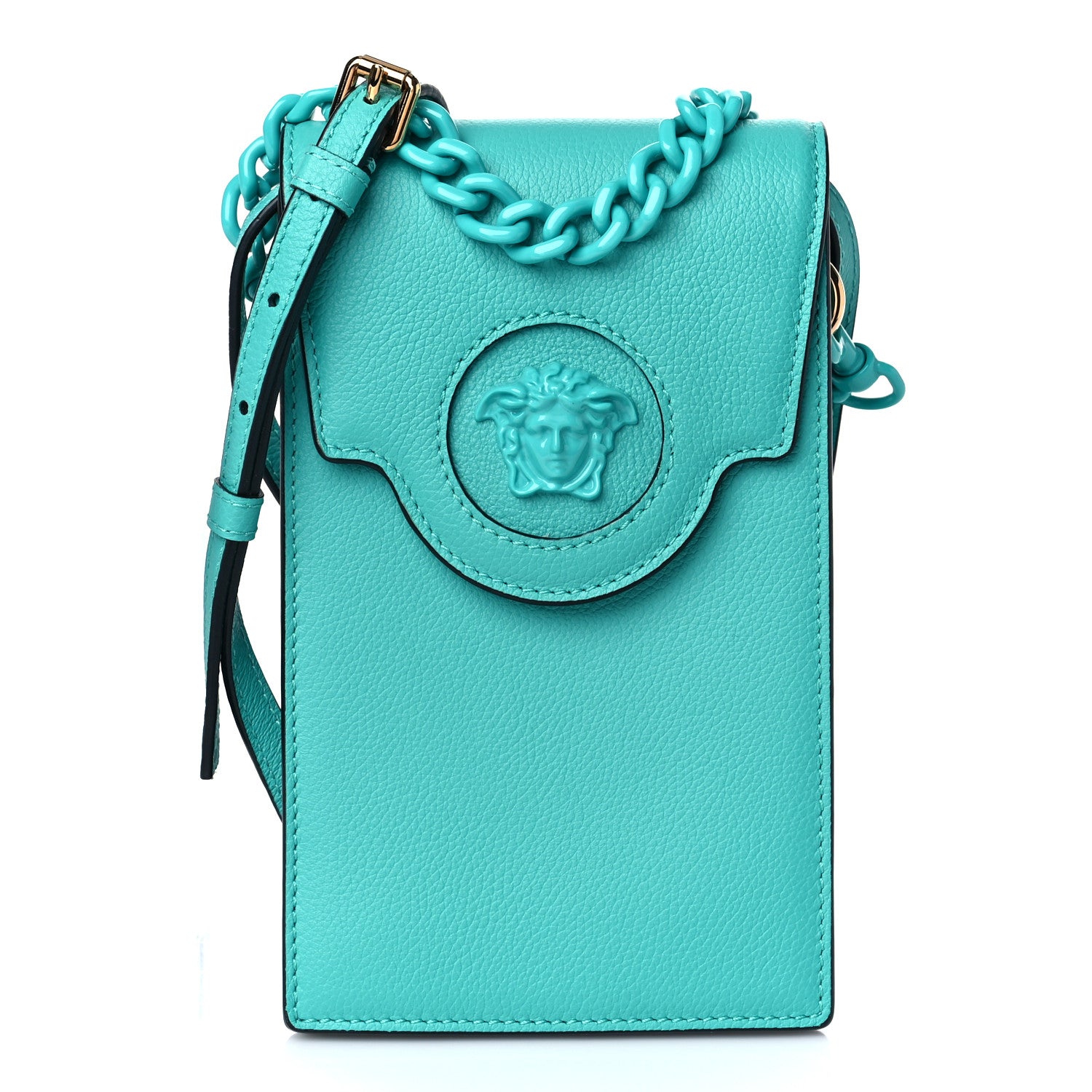 Versace Calfskin La Medusa Chain Crossbody Phone Pouch Turquoise 1 of 9