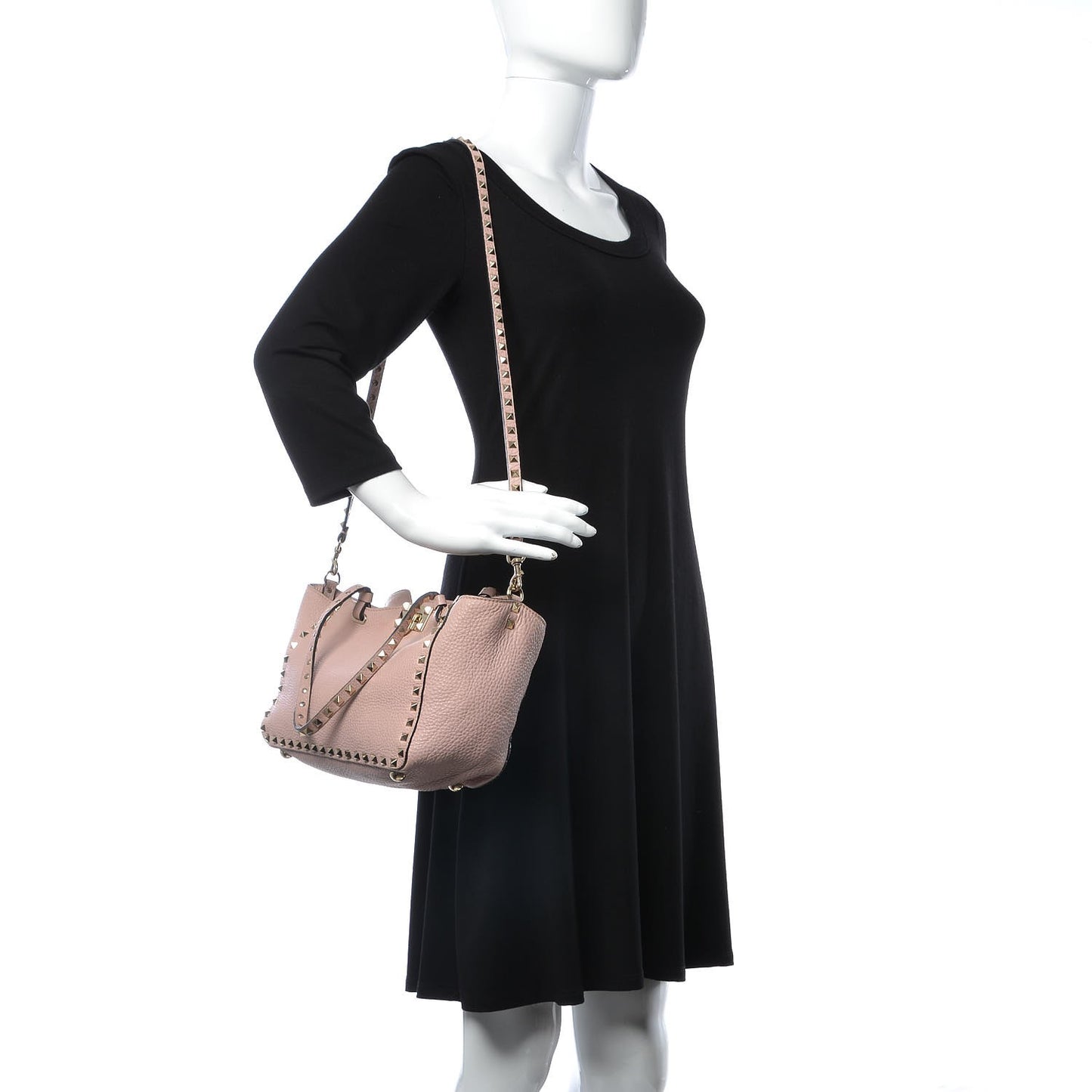 Grained Calfskin Small Rockstud Tote Water Rose