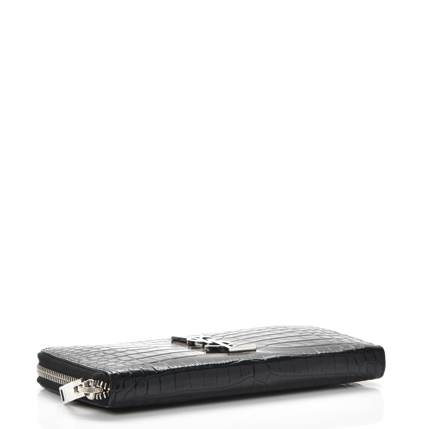 Calfskin Crocodile Embossed Monogram Zip Around Wallet Black