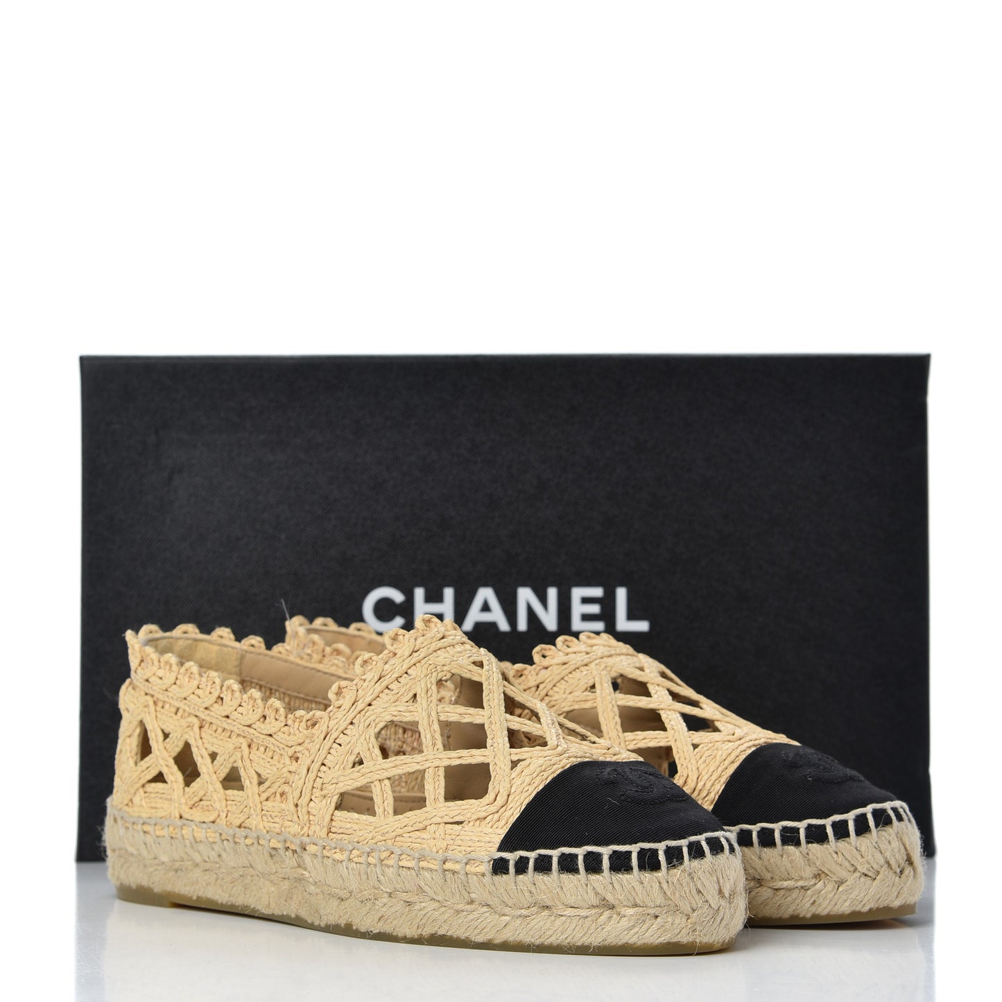 Woven Fabric Grosgrain CC Espadrilles 35 Beige Black