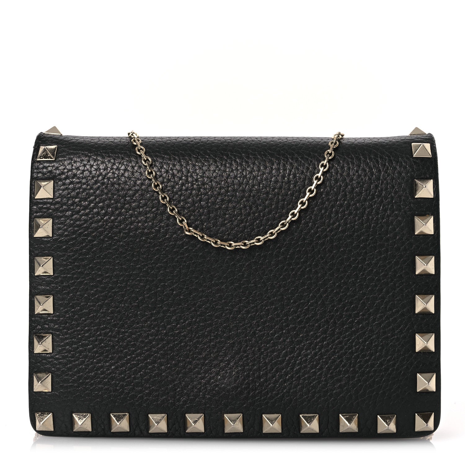 Valentino Garavani Pebbled Calfskin Rockstud Wallet On Chain Black 1 of 20