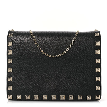 Valentino Garavani Pebbled Calfskin Rockstud Wallet On Chain Black 1 of 20