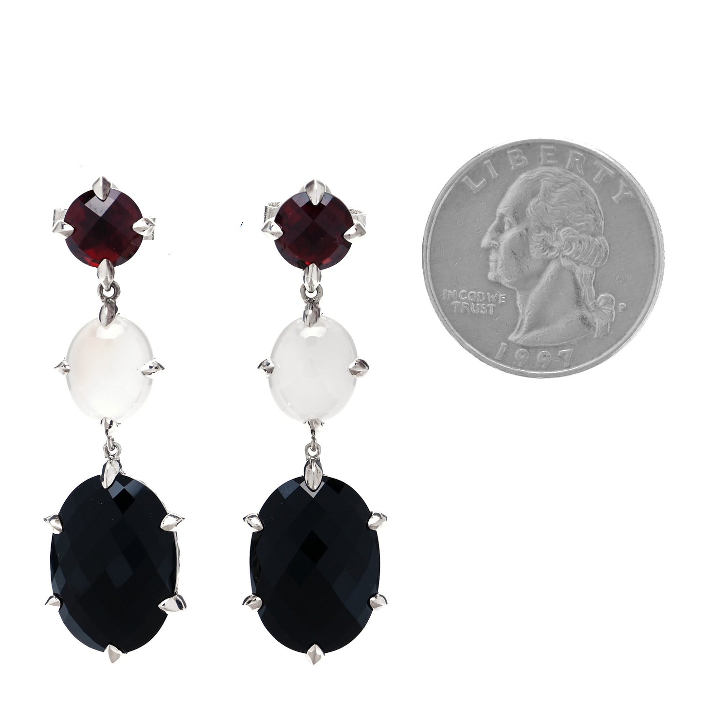 Sterling Silver Garnet Quartz Onyx Chatelaine Triple Drop Earrings