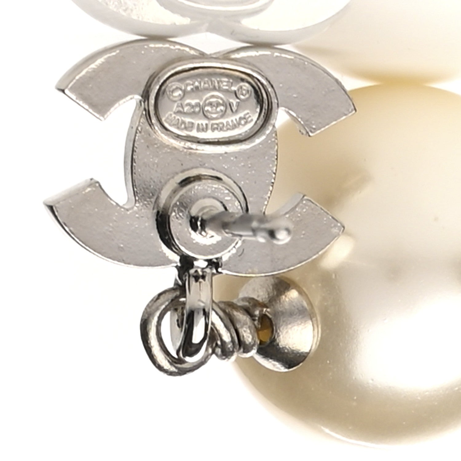 Chanel Crystal Pearl CC Drop Earrings Silver Pearly White 4 of 4