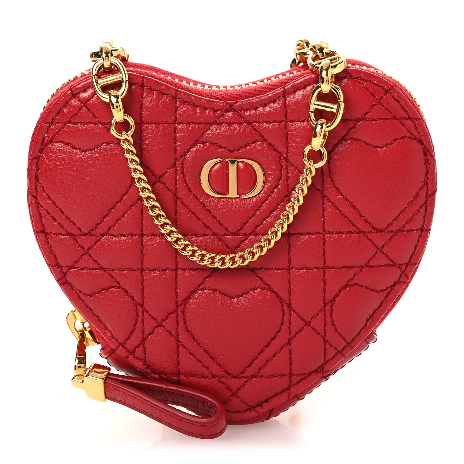 Christian Dior Calfskin Cannage Dioramour Caro Heart Pouch With Chain Bright Red 1 of 12