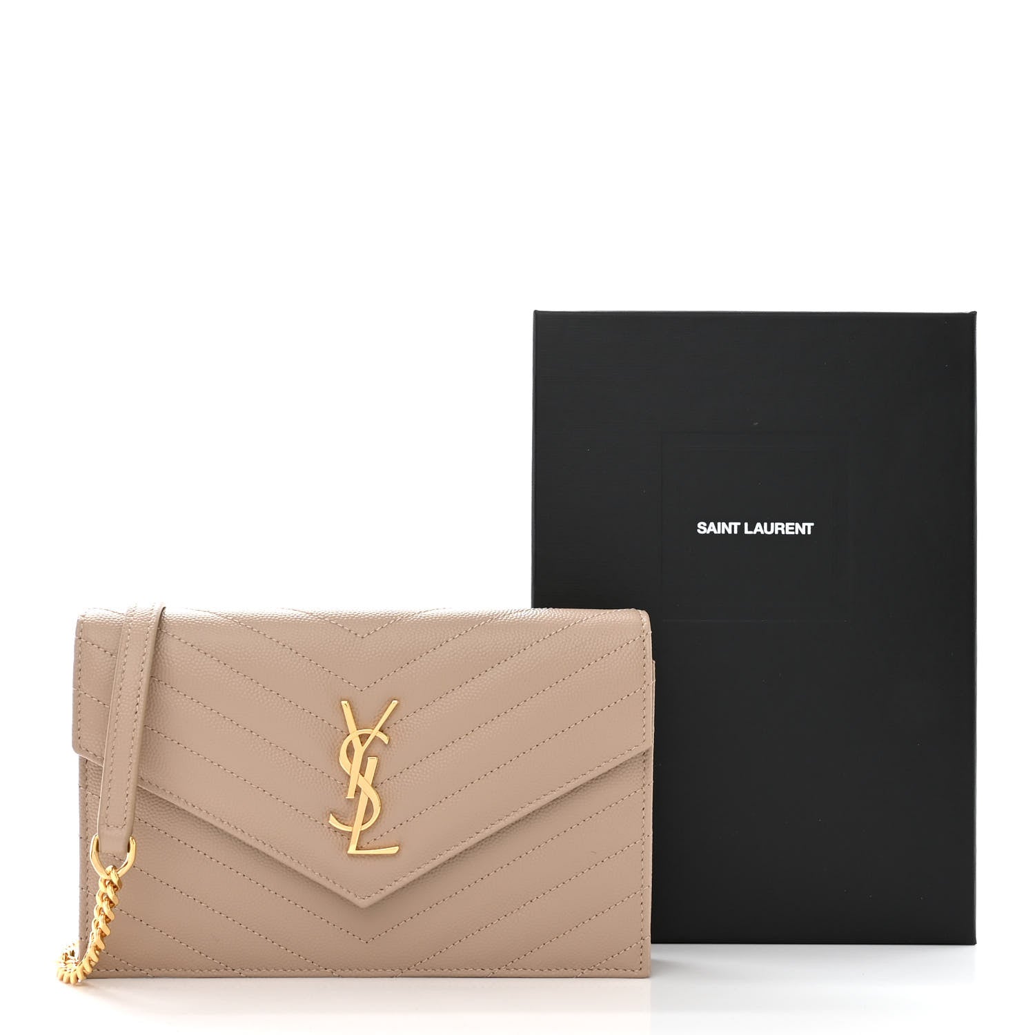 Saint Laurent Grain De Poudre Matelasse Chevron Monogram Envelope Chain Wallet Dark Beige 11 of 11
