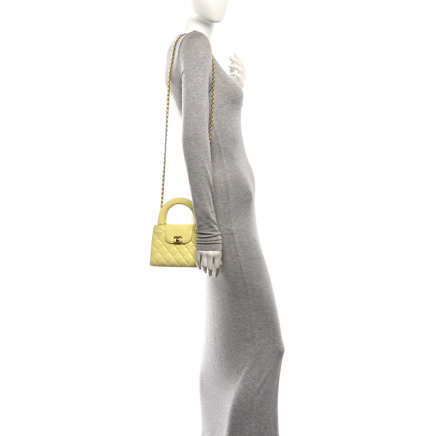 Chanel Shiny Aged Calfskin Quilted Nano Kelly Shopper Light Yellow 2 of 10