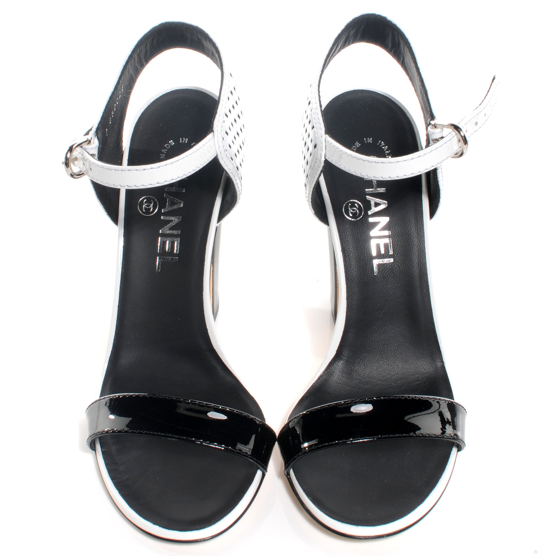 Chanel Perforated Crackled Patent Calfskin Sandals Heels White 37 Black 2 of 7