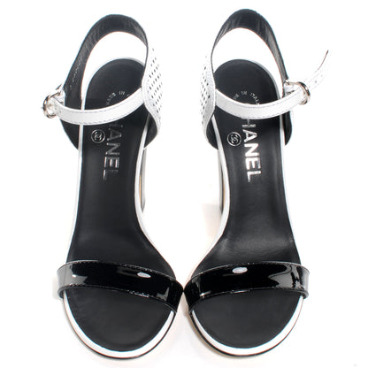 Chanel Perforated Crackled Patent Calfskin Sandals Heels White 37 Black 2 of 7