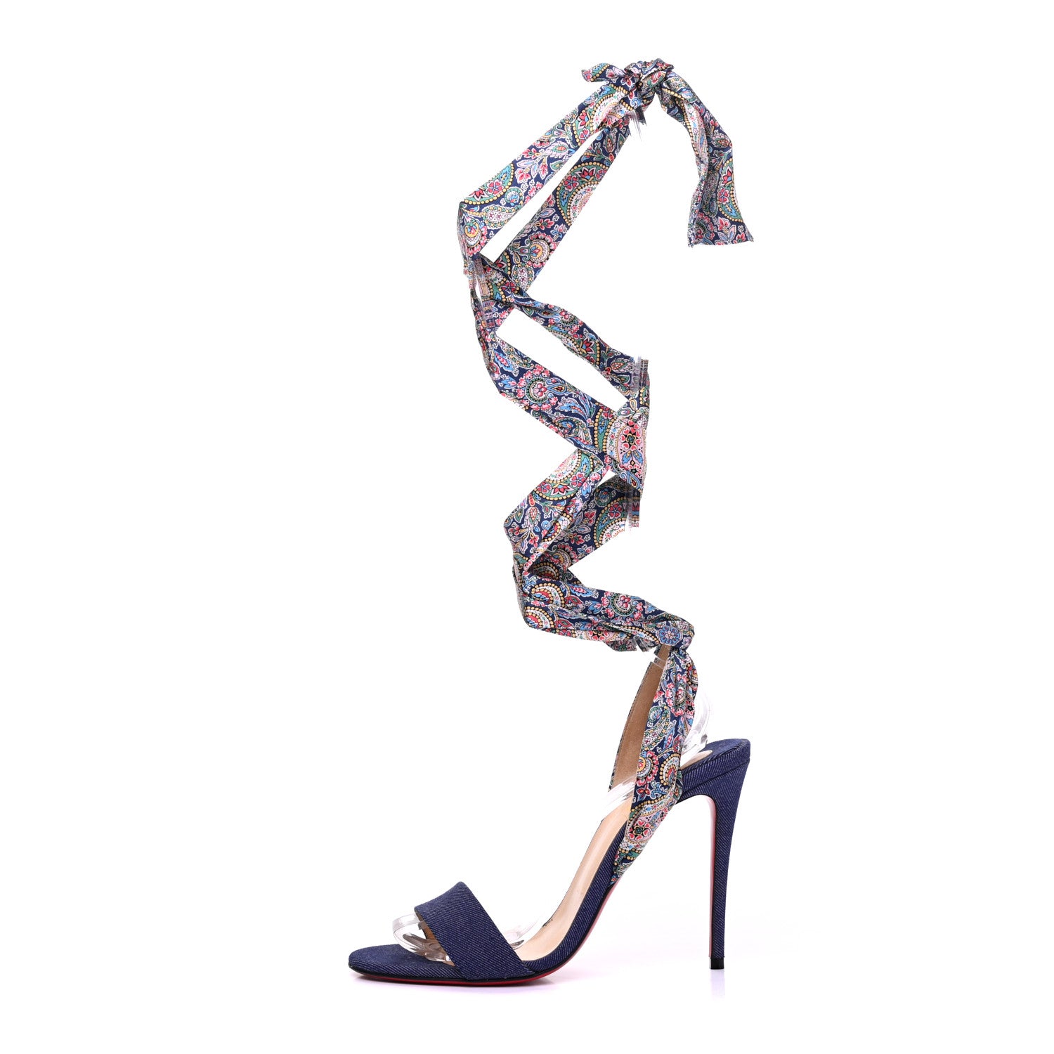 Christian Louboutin Denim Satin Paisley Du Desert 100 Sandals 38.5 Blue 1 of 13
